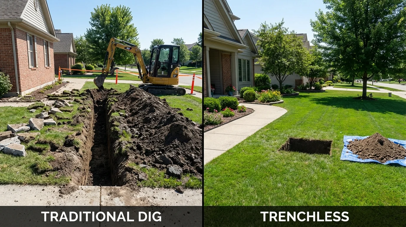 Trenchless sewer repair with minimal yard damage versus traditional excavation in Flatwoods, KY